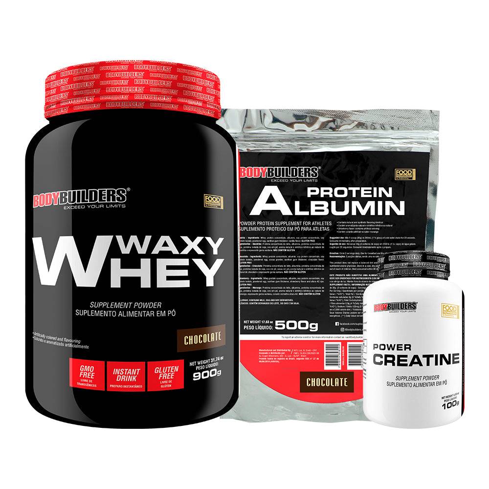 Kit Waxy Whey 900g Chocolate + Creatina 100g + Albumina - Bodybuilders