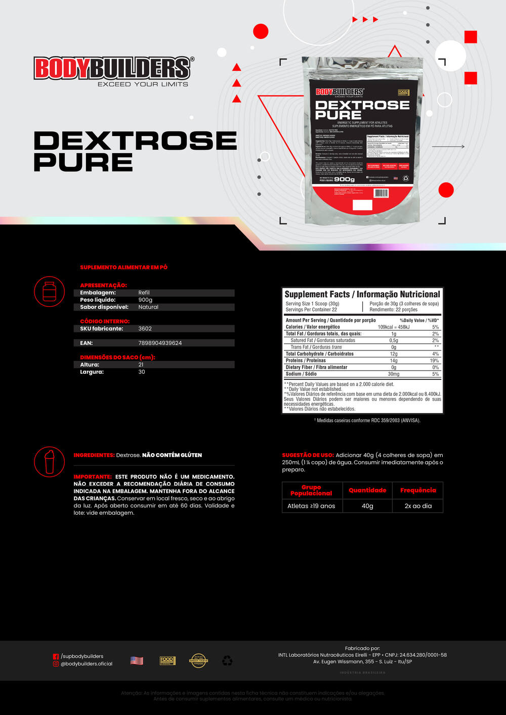 Kit Dextrose 900g + Creatine 100g + BCAA 100g + Cocktail Shaker - Bodybuilders